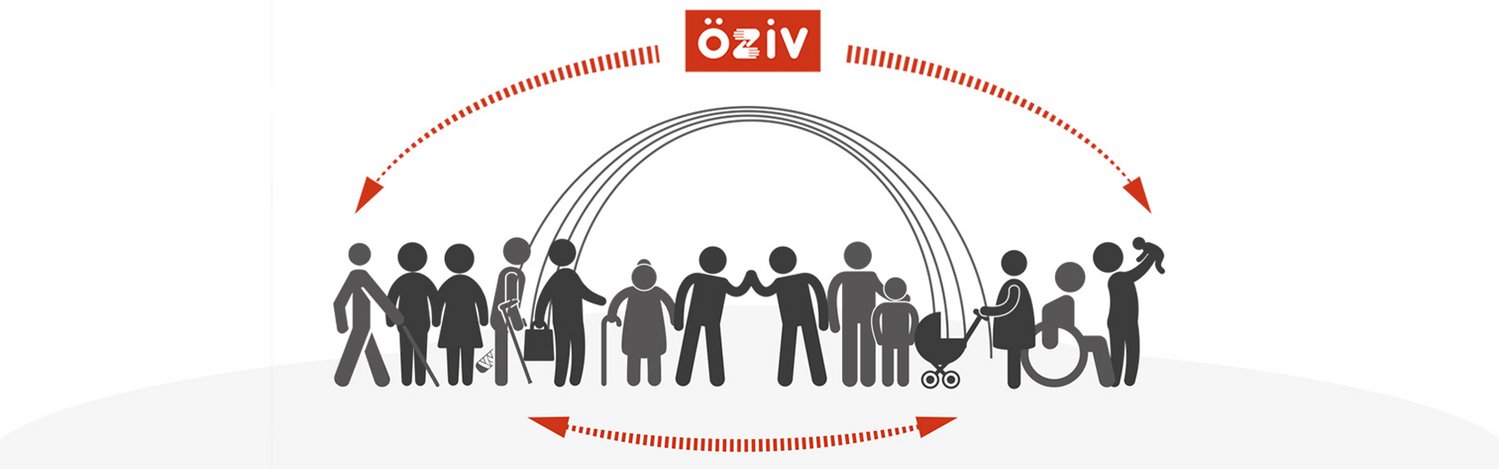 Unterhalb des ÖZIV-Logos ist eine Gruppe von Menschen mit und ohne Behinderungen dargestellt. Eine schematisch abgebildete Brücke im Hintergrund dient als verbindendes Element.