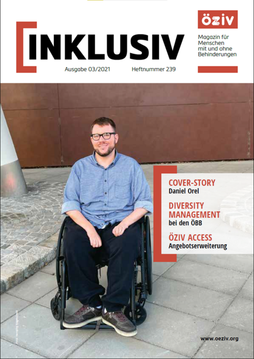 Cover Inklusiv 3/21. Daniel Orel im Rollsuhl im Portrait