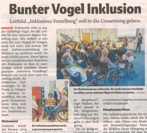 Bunter Vogel Inklusion - Leitbild "Inklusives Vorarlberg" soll in Umsetzung gehen Bunter Vogel Inklusion - Leitbild "Inklusives Vorarlberg" soll in Umsetzung gehen