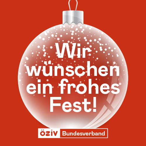 roter Hintergrund mit einer Weihnachtskugel. Darin steht in weißer Schrift "Wir wünschen ein frohes Fest"